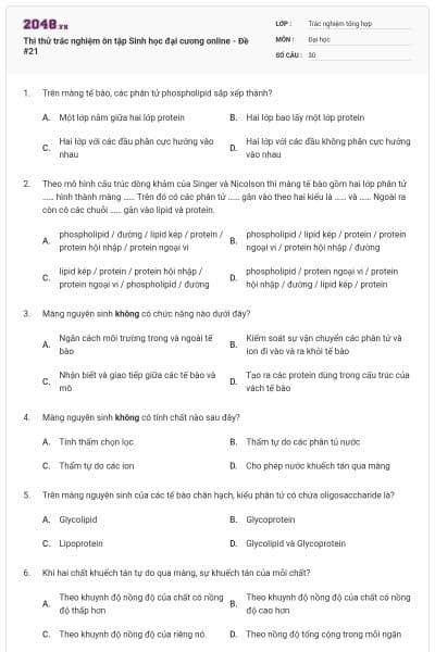 Thi thử trắc nghiệm ôn tập Sinh học đại cương online - Đề #21