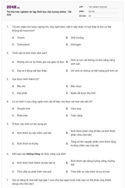 Thi thử trắc nghiệm ôn tập Sinh học đại cương online - Đề #26