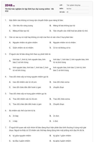 Thi thử trắc nghiệm ôn tập Sinh học đại cương online - Đề #32