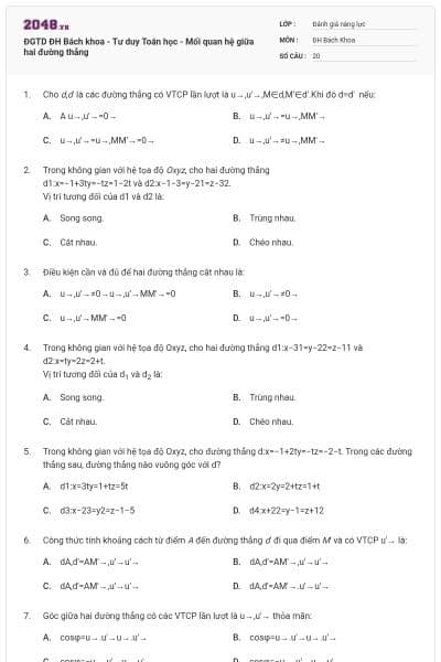 ĐGTD ĐH Bách khoa - Tư duy Toán học - Mối quan hệ giữa hai đường thẳng