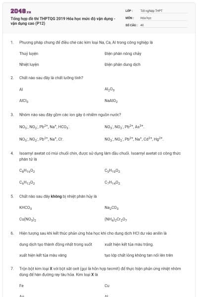 Tổng hợp đề thi THPTQG 2019 Hóa học mức độ vận dụng - vận dụng cao (P12)
