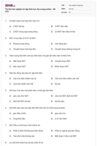 Thi thử trắc nghiệm ôn tập Sinh học đại cương online - Đề #33