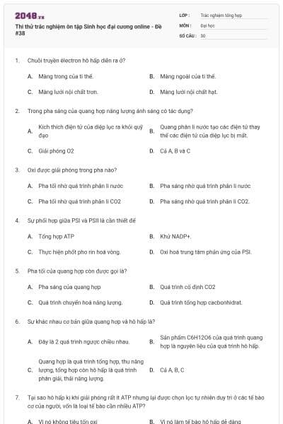 Thi thử trắc nghiệm ôn tập Sinh học đại cương online - Đề #38