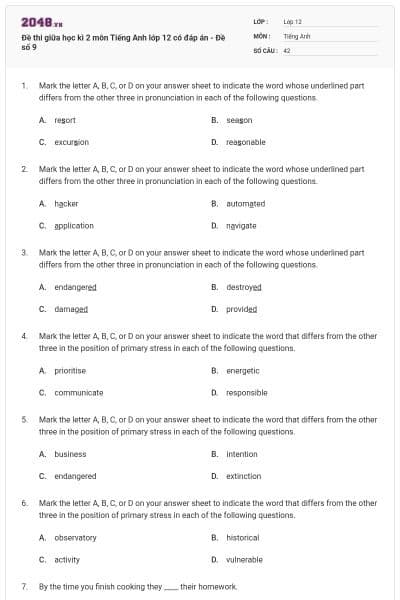 Đề thi giữa học kì 2 môn Tiếng Anh lớp 12 có đáp án - Đề số 9