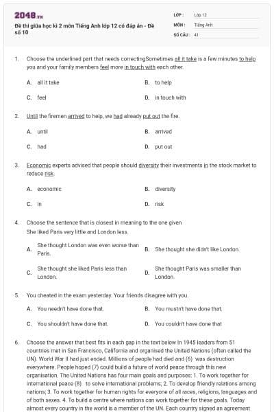 Đề thi giữa học kì 2 môn Tiếng Anh lớp 12 có đáp án - Đề số 10