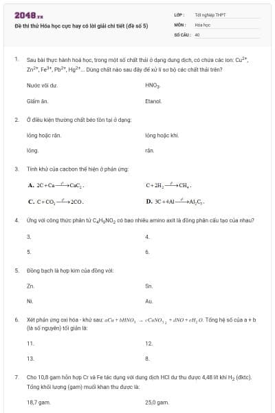 Đề thi thử Hóa học cực hay có lời giải chi tiết (đề số 5)