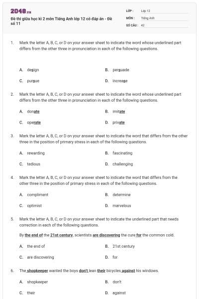 Đề thi giữa học kì 2 môn Tiếng Anh lớp 12 có đáp án - Đề số 11