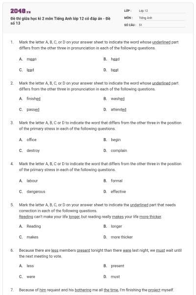 Đề thi giữa học kì 2 môn Tiếng Anh lớp 12 có đáp án - Đề số 13
