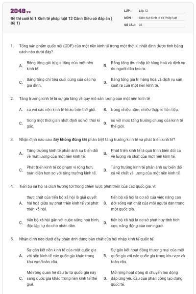 Đề thi cuối kì 1 Kinh tế pháp luật 12 Cánh Diều có đáp án ( Đề 1)