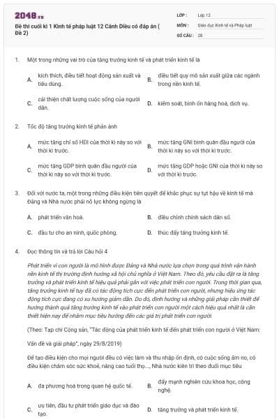 Đề thi cuối kì 1 Kinh tế pháp luật 12 Cánh Diều có đáp án ( Đề 2)