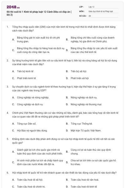 Đề thi cuối kì 1 Kinh tế pháp luật 12 Cánh Diều có đáp án ( Đề 3)