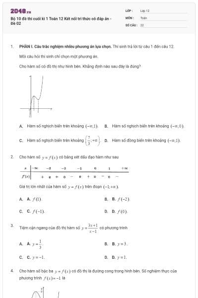Bộ 10 đề thi cuối kì 1 Toán 12 Kết nối tri thức có đáp án - Đề 02