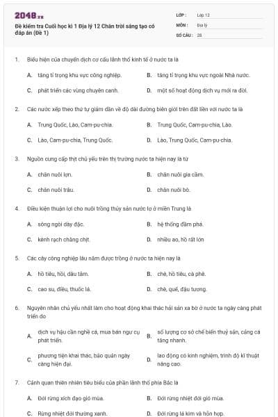 Đề kiểm tra Cuối học kì 1 Địa lý 12 Chân trời sáng tạo có đáp án (Đề 1)