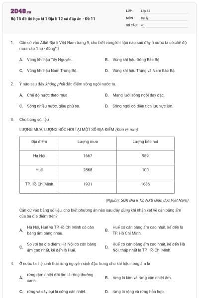 Bộ 15 đề thi học kì 1 Địa lí 12 có đáp án - Đề 11