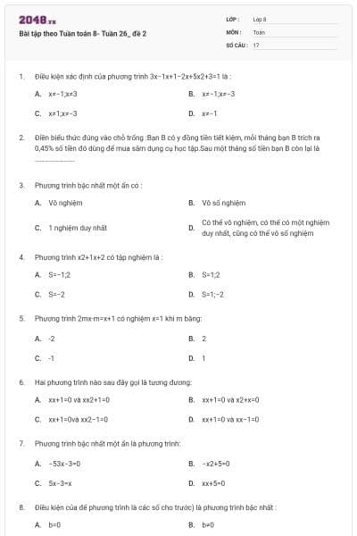 Bài tập theo Tuần toán 8- Tuần 26_ đề 2