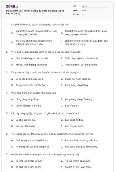 Đề kiểm tra Cuối học kì 1 Địa lý 12 Chân trời sáng tạo có đáp án (Đề 5)