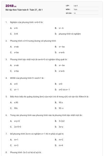 Bài tập theo Tuần toán 8- Tuần 27_ đề 1