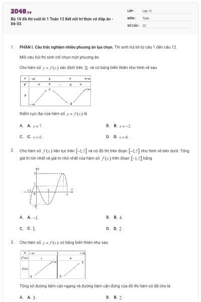 Bộ 10 đề thi cuối kì 1 Toán 12 Kết nối tri thức có đáp án - Đề 03