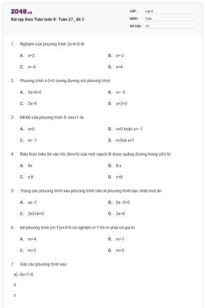 Bài tập theo Tuần toán 8- Tuần 27_ đề 2