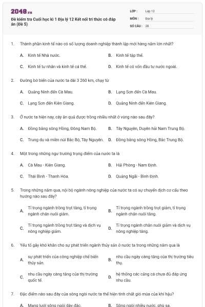 Đề kiểm tra Cuối học kì 1 Địa lý 12 Kết nối tri thức có đáp án (Đề 5)
