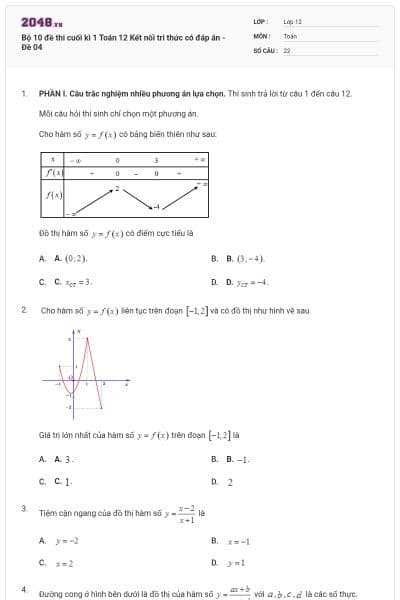 Bộ 10 đề thi cuối kì 1 Toán 12 Kết nối tri thức có đáp án - Đề 04
