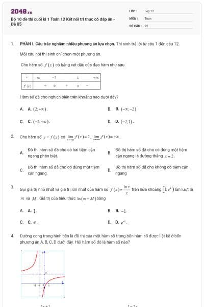 Bộ 10 đề thi cuối kì 1 Toán 12 Kết nối tri thức có đáp án - Đề 05