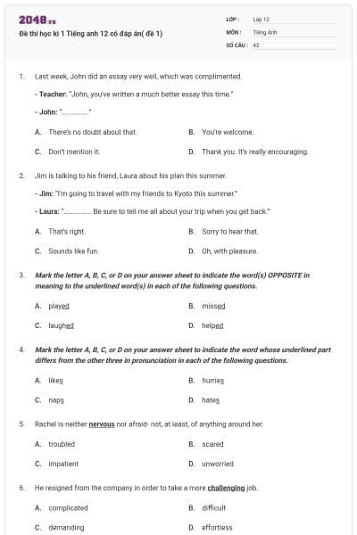 Đề thi học kì 1 Tiếng anh 12 có đáp án( đề 1)