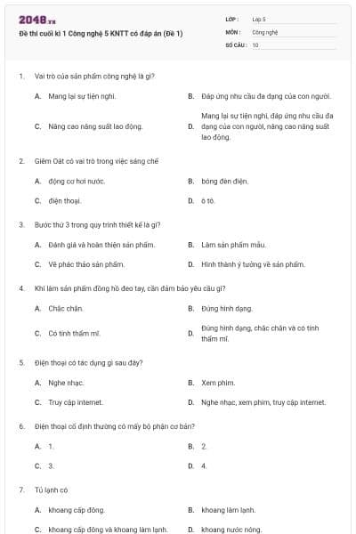 Đề thi cuối kì 1 Công nghệ 5 KNTT có đáp án (Đề 1)