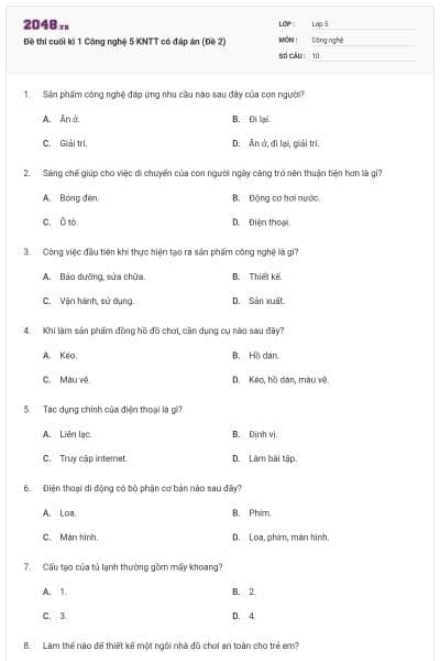 Đề thi cuối kì 1 Công nghệ 5 KNTT có đáp án (Đề 2)