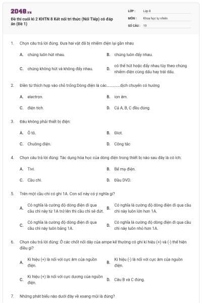 Đề thi cuối kì 2 KHTN 8 Kết nối tri thức (Nối Tiếp) có đáp án (Đề 1)
