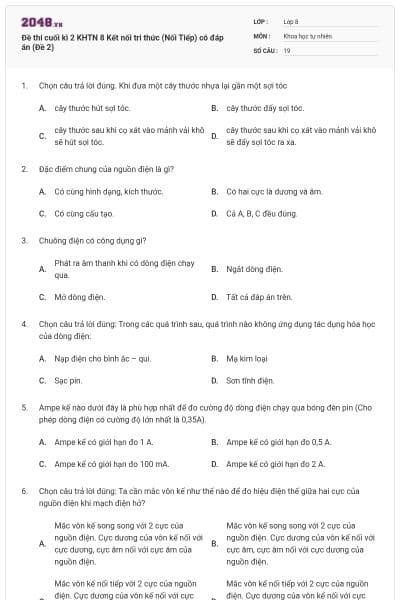 Đề thi cuối kì 2 KHTN 8 Kết nối tri thức (Nối Tiếp) có đáp án (Đề 2)