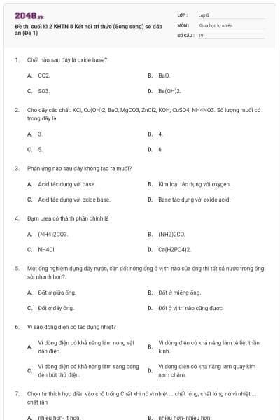 Đề thi cuối kì 2 KHTN 8 Kết nối tri thức (Song song) có đáp án (Đề 1)