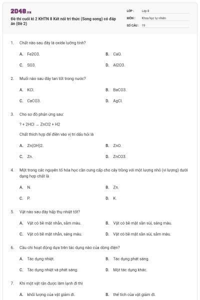 Đề thi cuối kì 2 KHTN 8 Kết nối tri thức (Song song) có đáp án (Đề 2)