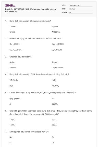 Bộ đề ôn thi THPTQG 2019 Hóa học cực hay có lời giải chi tiết (Đề số 1)