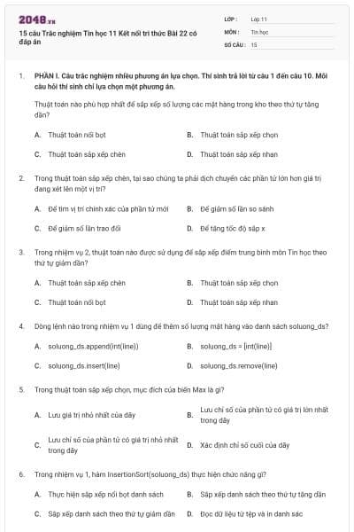 15 câu Trắc nghiệm Tin học 11 Kết nối tri thức Bài 22 có đáp án