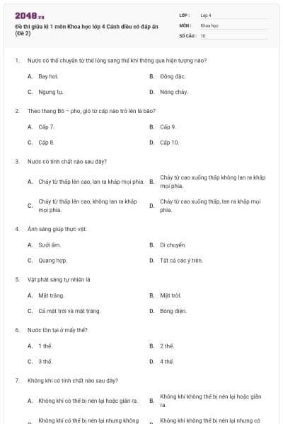 Đề thi giữa kì 1 môn Khoa học lớp 4 Cánh diều có đáp án (Đề 2)