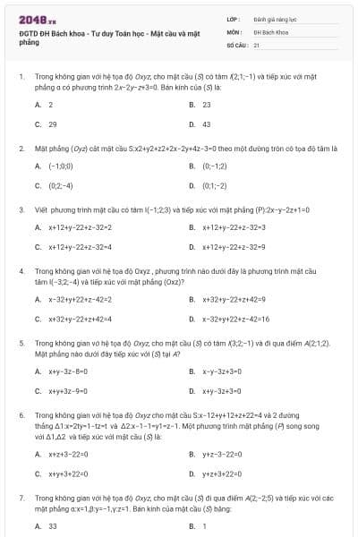 ĐGTD ĐH Bách khoa - Tư duy Toán học - Mặt cầu và mặt phẳng