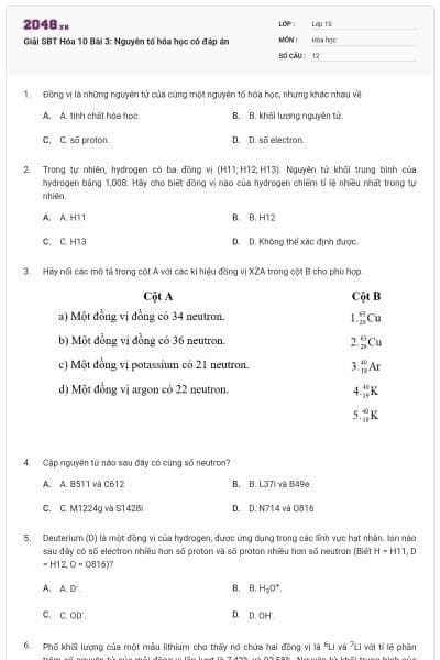 Giải SBT Hóa 10 Bài 3: Nguyên tố hóa học có đáp án