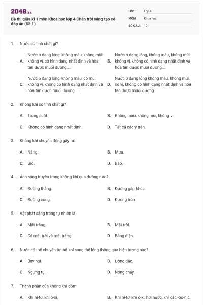 Đề thi giữa kì 1 môn Khoa học lớp 4 Chân trời sáng tạo có đáp án (Đề 1)