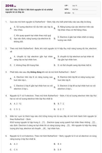 Giải SBT Hóa 10 Bài 4: Mô hình nguyên tử và orbital nguyên tử có đáp án