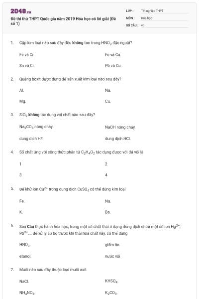 Đề thi thử THPT Quốc gia năm 2019 Hóa học có lời giải (Đề số 1)