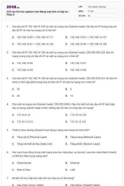 630 câu hỏi trắc nghiệm môn Mạng máy tính có đáp án - Phần 8