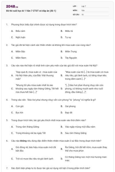 Đề thi cuối học kì 1 Văn 7 CTST có đáp án (đề 1)