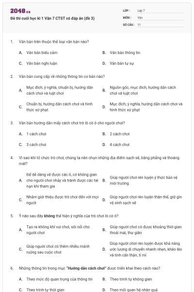 Đề thi cuối học kì 1 Văn 7 CTST có đáp án (đề 3)