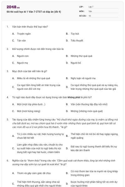 Đề thi cuối học kì 1 Văn 7 CTST có đáp án (đề 4)