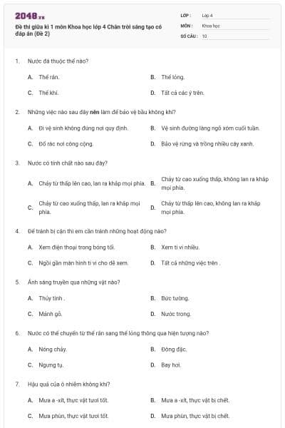 Đề thi giữa kì 1 môn Khoa học lớp 4 Chân trời sáng tạo có đáp án (Đề 2)