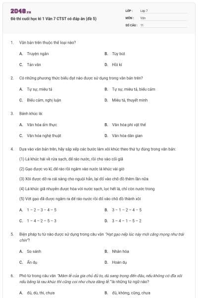 Đề thi cuối học kì 1 Văn 7 CTST có đáp án (đề 5)