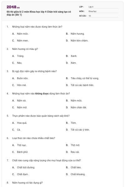 Đề thi giữa kì 2 môn Khoa học lớp 4 Chân trời sáng tạo có đáp án (Đề 1)