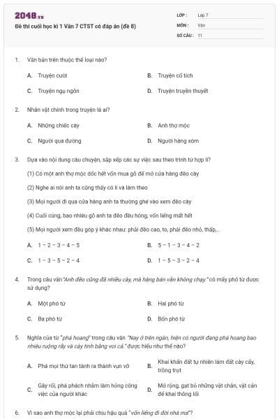 Đề thi cuối học kì 1 Văn 7 CTST có đáp án (đề 8)