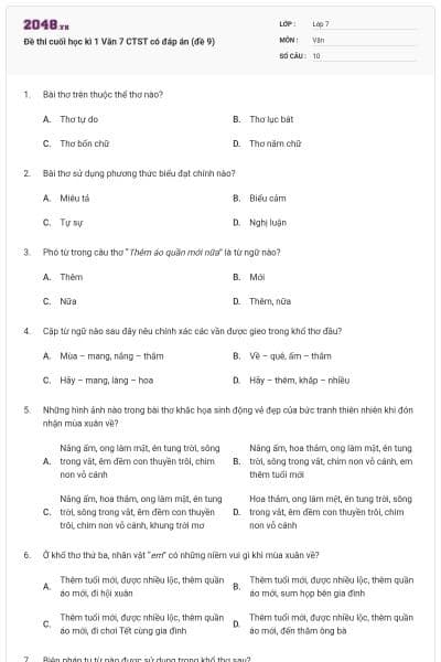 Đề thi cuối học kì 1 Văn 7 CTST có đáp án (đề 9)